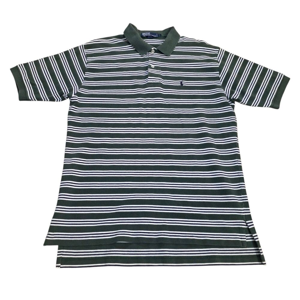 Vintage Polo Ralph Lauren Shirt Men Large L Green White Striped Pony Logo Pique